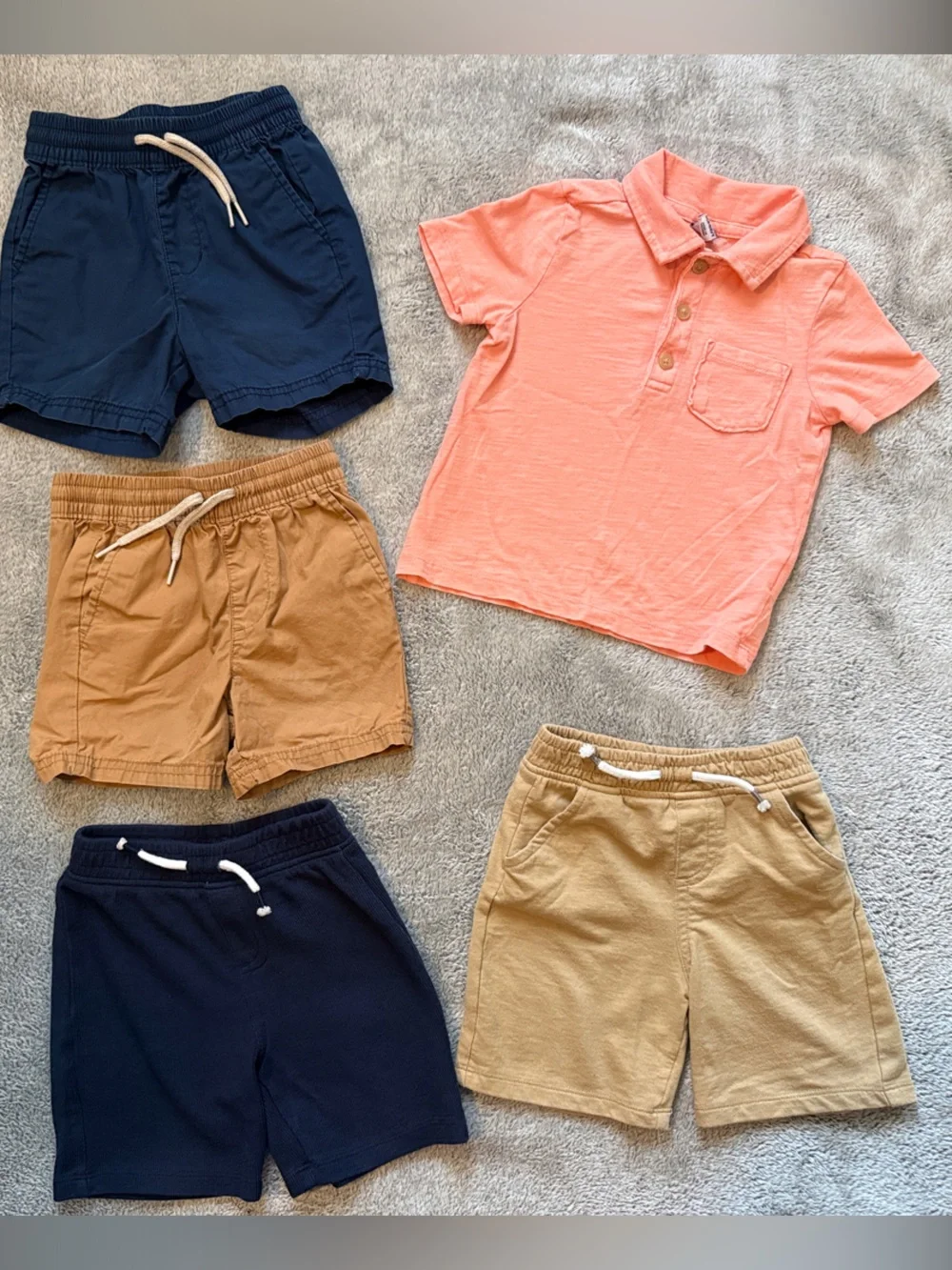 Kids Casual Pull-On Shorts Bundle in Navy, Tan, and Coral collared shirt